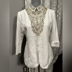 Chico’s New NWT Regal Beads Goldy 3/4 Sleeve Lined White Jacquard Jacket